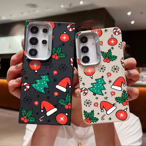 Christmas Hat Case For Samsung Galaxy S24 S23 S22 Ultra S21 S20 FE A16 A14 A34 A15 A25 A35 A52 A53 A54 A55 5G Leather Texture