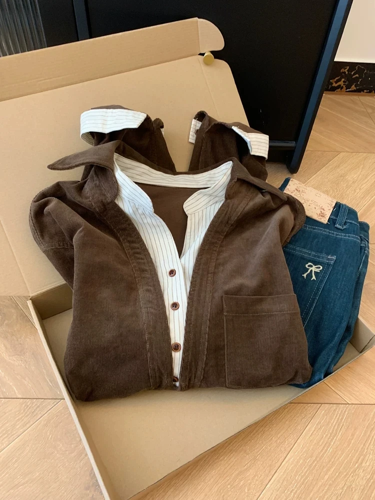 

Loose Casual Sle Striped irt Women's Spring Season Vintage Coffee Color Blo Design False Two-Piece Blouse Korean Aosp...
