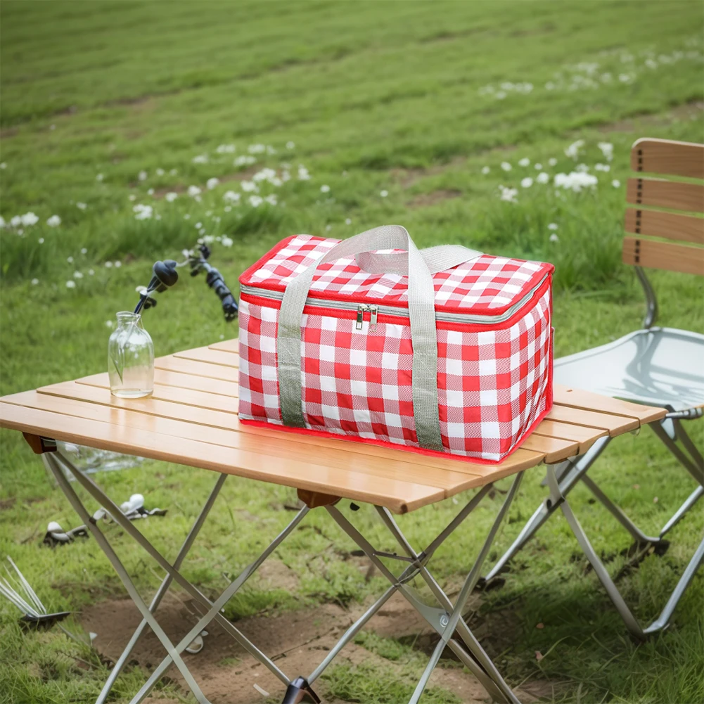 市松模様のピクニックバッグ 大容量 キャンプ収納バッグ 防寒ランチボックス 断熱バッグ 防水 キャンプピクニック用
