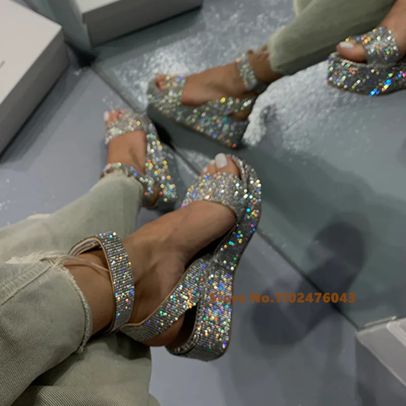 Crystal Round Toe Wedge Heel Sandals Women Bling Bling Platform Thick Heels Ladies Peep Toes Hook & Loop Casual Sandals