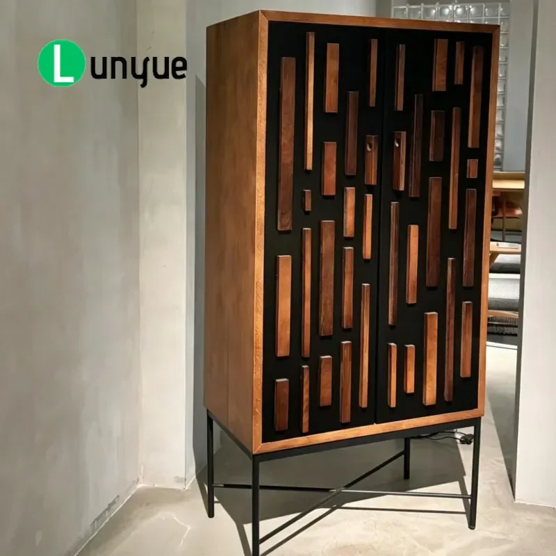 Modern Mid Century Luxury Wooden Storage Buffet Cabinet Engraved Pattern Mirrored Black Metal Frame For Living Dining Room