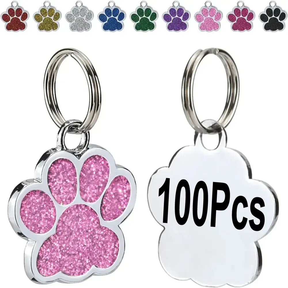 

Wholesale 100Pcs Dog Tags Anti-Lost Cat Tags Pet Paw Glitter Pendant ollar Accessories Dog Id Name Tag Personalized For Pet