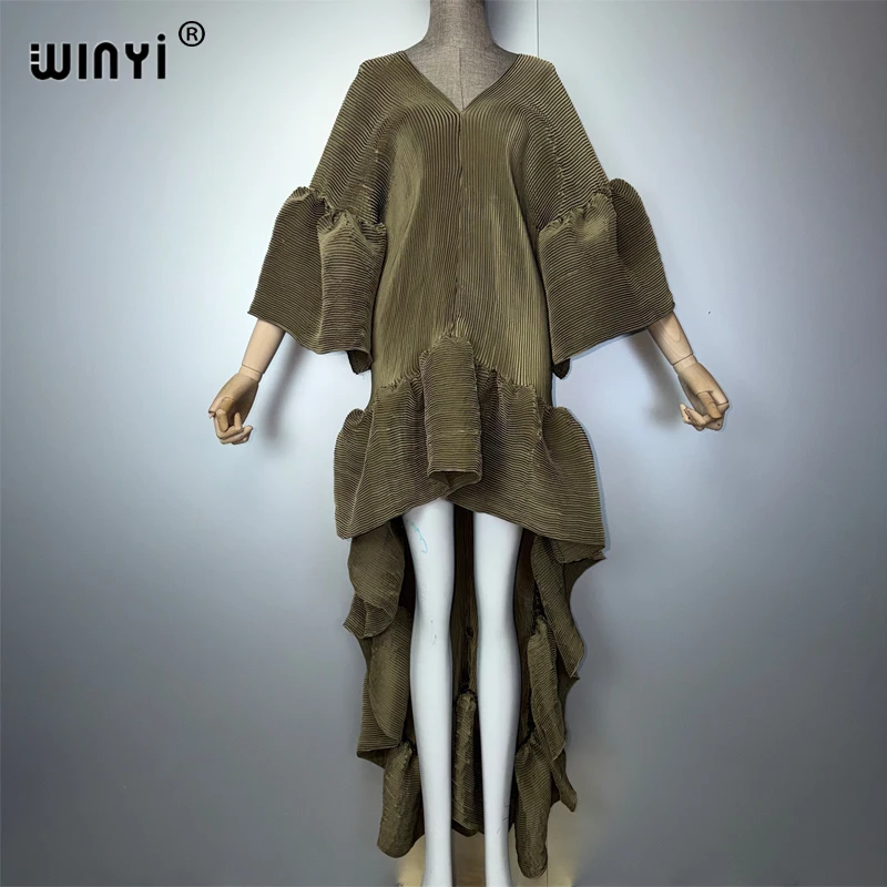 WINYI Boho Maxi Kaftan Dress Middle East Style Elegant Pleated Beach Cover-Up Dubai Abaya Elastic Luxury Party Evening Gown