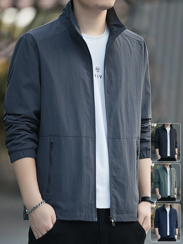 

Мужская повседневная куртка свободного кроя с воротником-стойкой, длинными рукавами и молнией, универсальная, модная, из полиэфирного волокна, для весны и осени