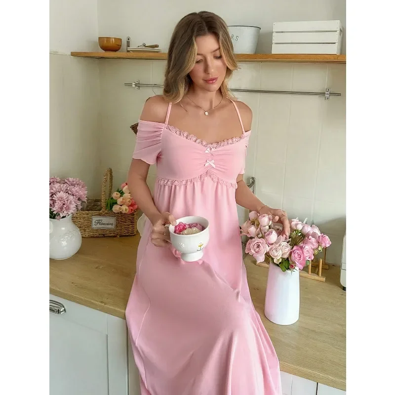 

Women's Cute Solid Color Lace Trim Patchwork Bow Decor A-Line Short Sleeve Nightgown Pink Dress Lounge Dresses