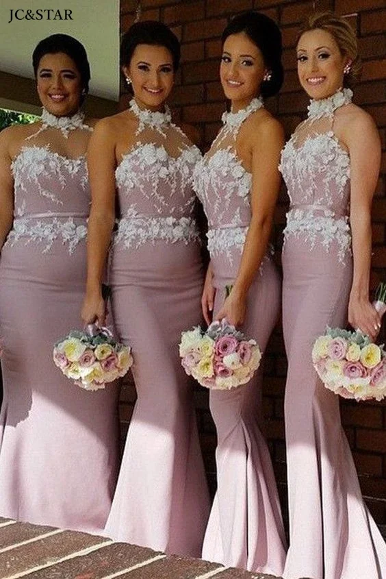 Dusty Pink Mermaid Long Bridesmaid Dress High Neck 3D Flower Lace Satin Hochzeitspartykleid Long African Vestido De Gala Prom