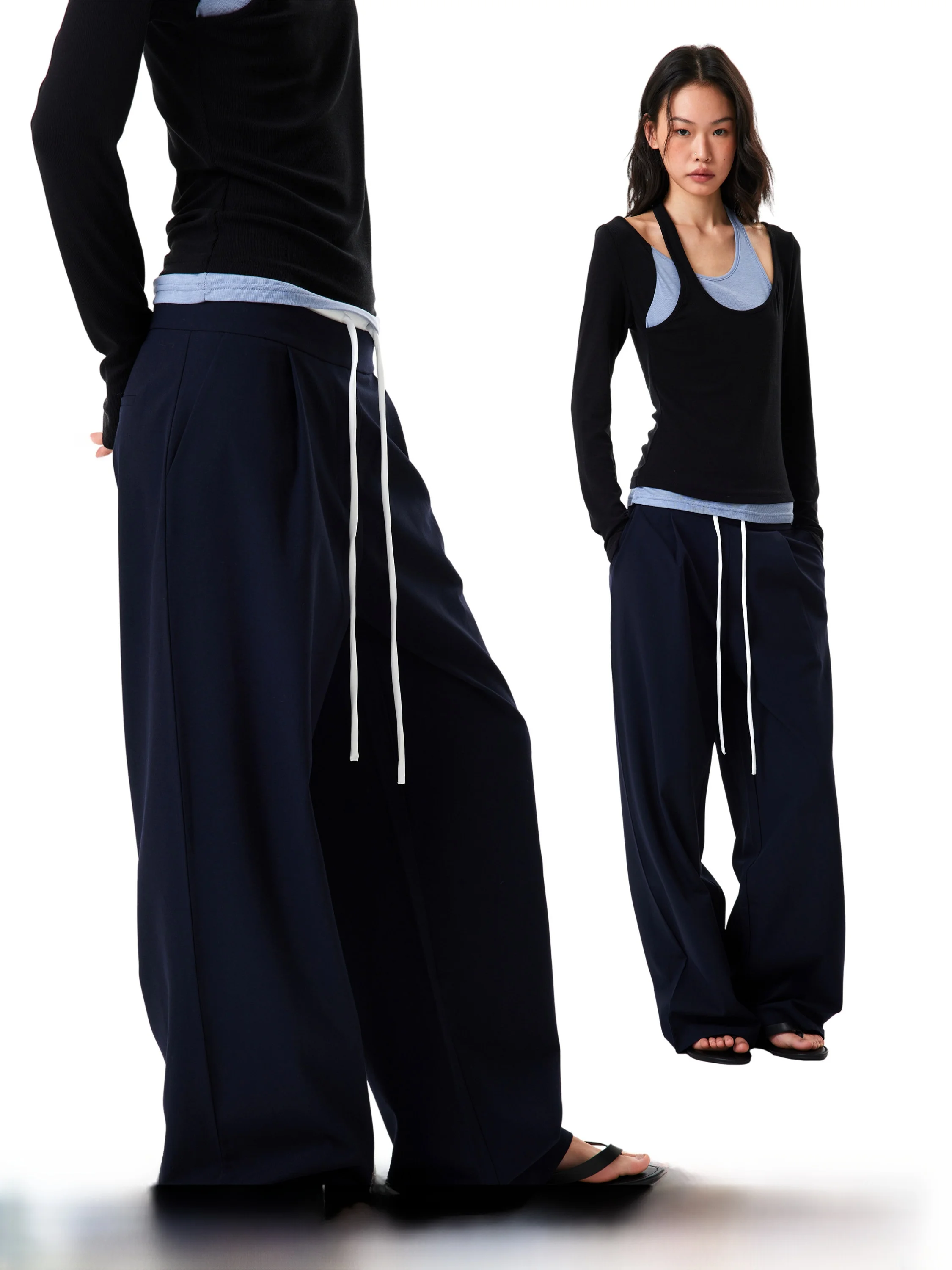 

Женские повседневные брюки GOGOBURN Deep Blue Patchwork Sports с низкой талией и широкими штанинами, свободного кроя, весна 2026