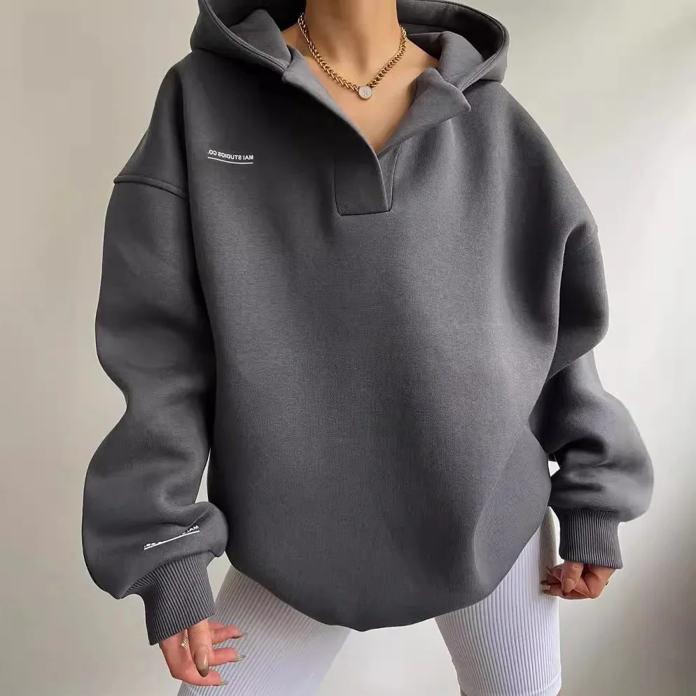 

2026 New Women's Loose, Comfortable and Casual High-quality Velvet Solid Color Hooded Long-sleeved V-neck Women's Sweatshirt