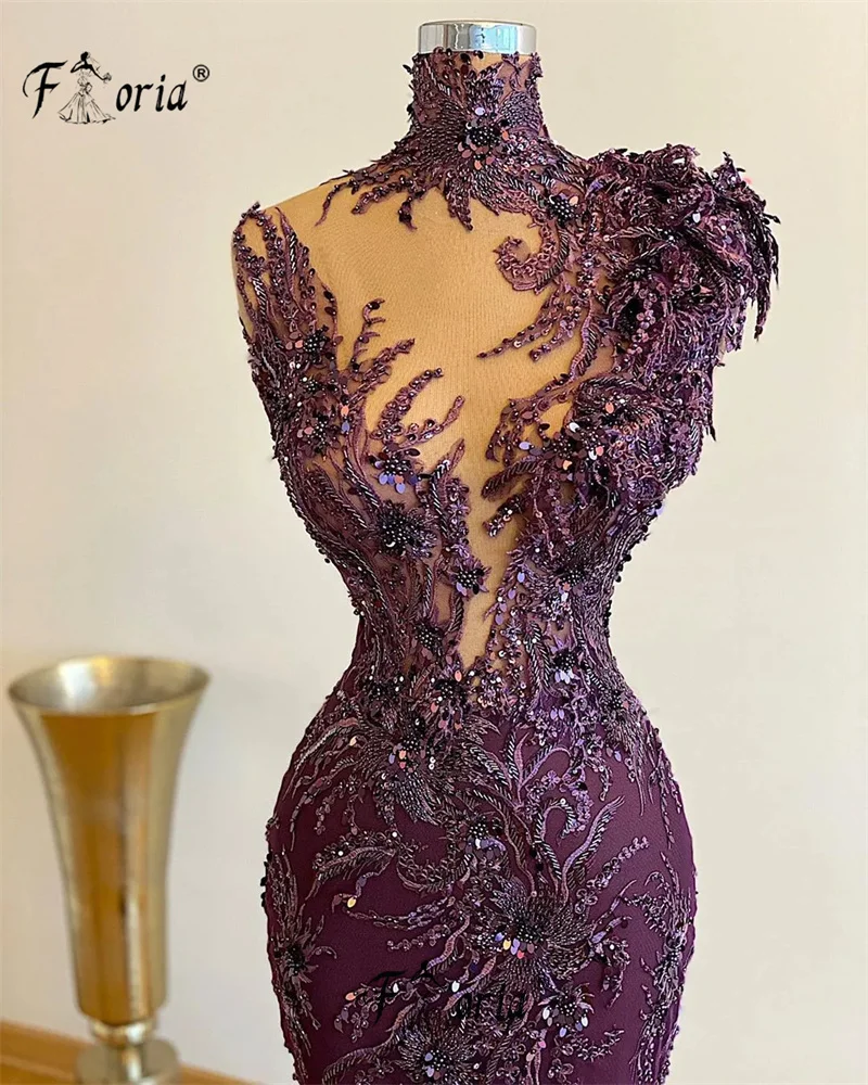 Robe de soirée de luxe violette pour femmes, appliques en dentelle 3D, robes de Rhlongues, occasions formelles, perles, grande taille, Dubaï, soirée, 123