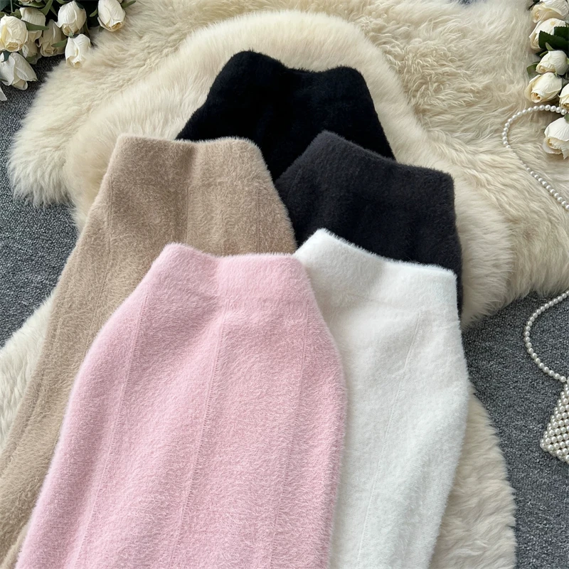 Damen Kunstnerz Gestrickter Meerjungfrauenrock Hohe Taille Weicher Flauschiger Warmer Pulloverrock Herbst Winter Eleganter Figurbetonter Langer Midirock 636 – Detail 9