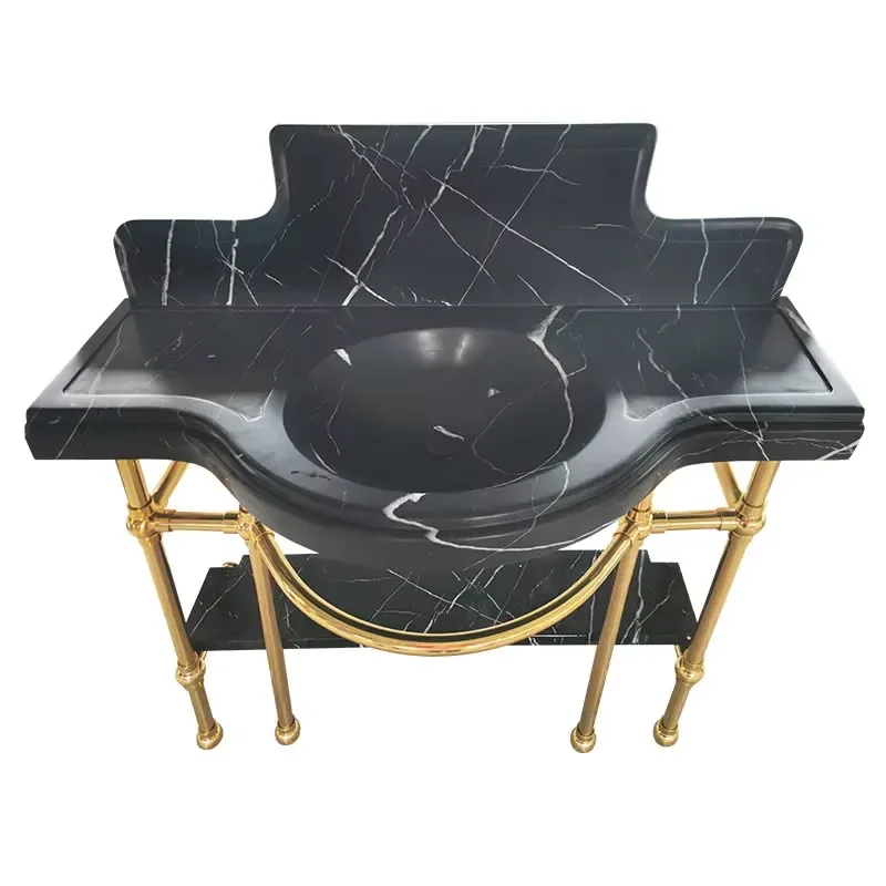 Black Marquina Marble Bathroom Vanity Console Sink with Brass Leg Rack Set Renaissance Style Modern Washbasin Furniture for