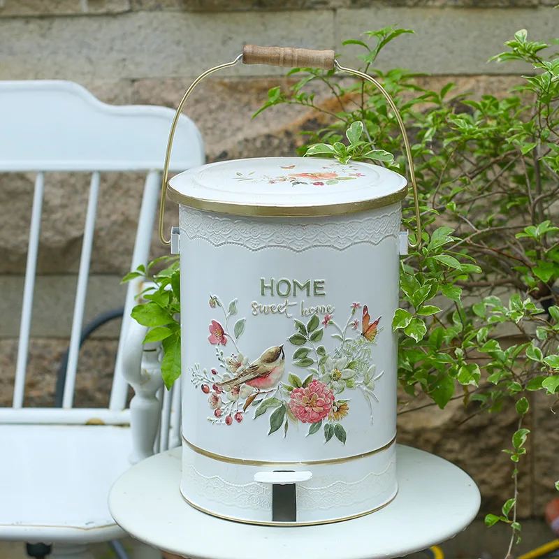 European Tin Trash Can Outdoor Garden Household Kitchen Living Room Bathroom Large Foot Pedal Waste Bins with Lid