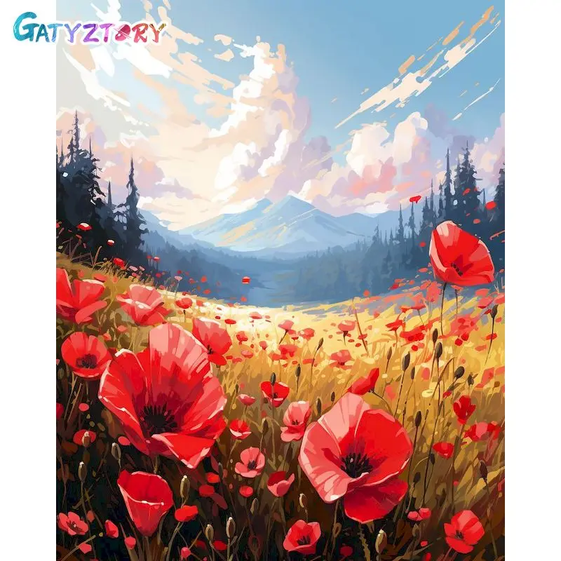 

GATYZTORY Frame Red Flower Field DIY Painting By Numbers Landscape Paint By Numbers Wall Art Canvas Painting For Home Decor Art