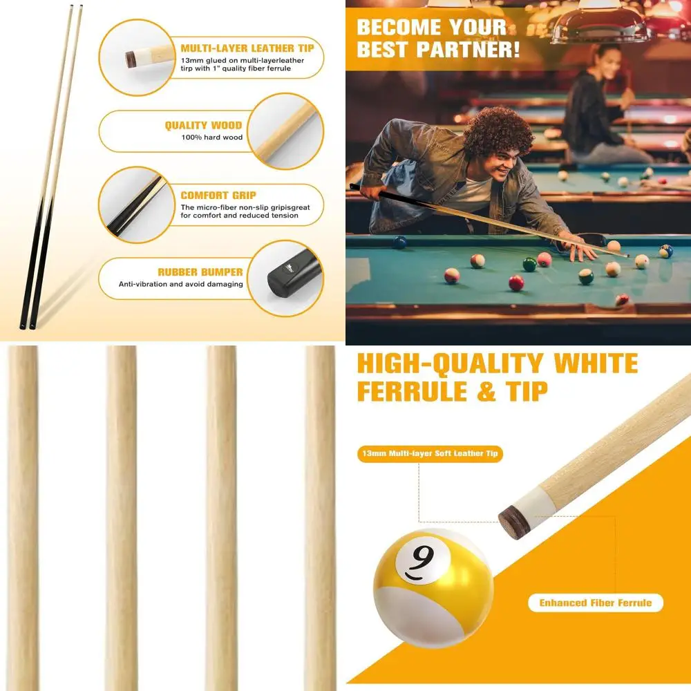 

Professional 58 One Piece Pool Cue with 13mm Leather Tip, Adult Billiards Stick Set, Black/Natural Wood, 4/6 Pieces