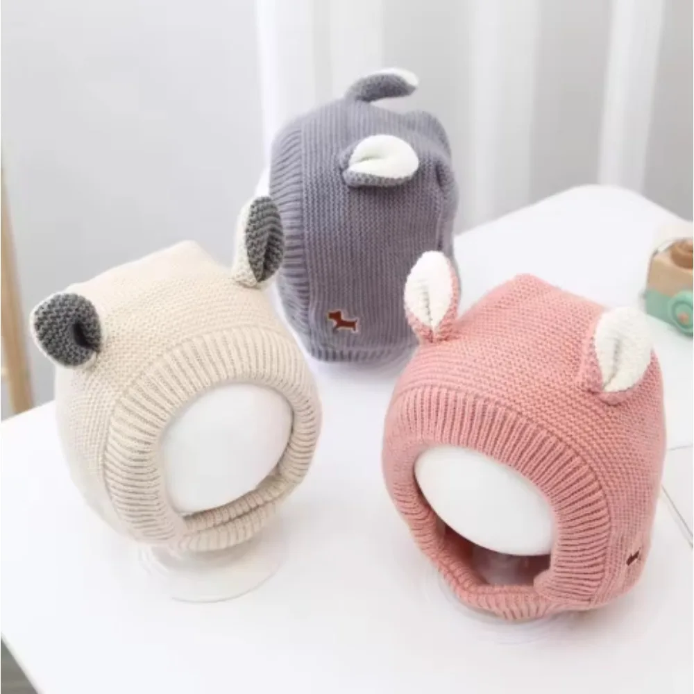 Gorro de pasamontañas de punto para bebé, gorro con bufanda de una pieza de dibujos animados, gorros de lana con protección para los oídos cálidos y gruesos para invierno