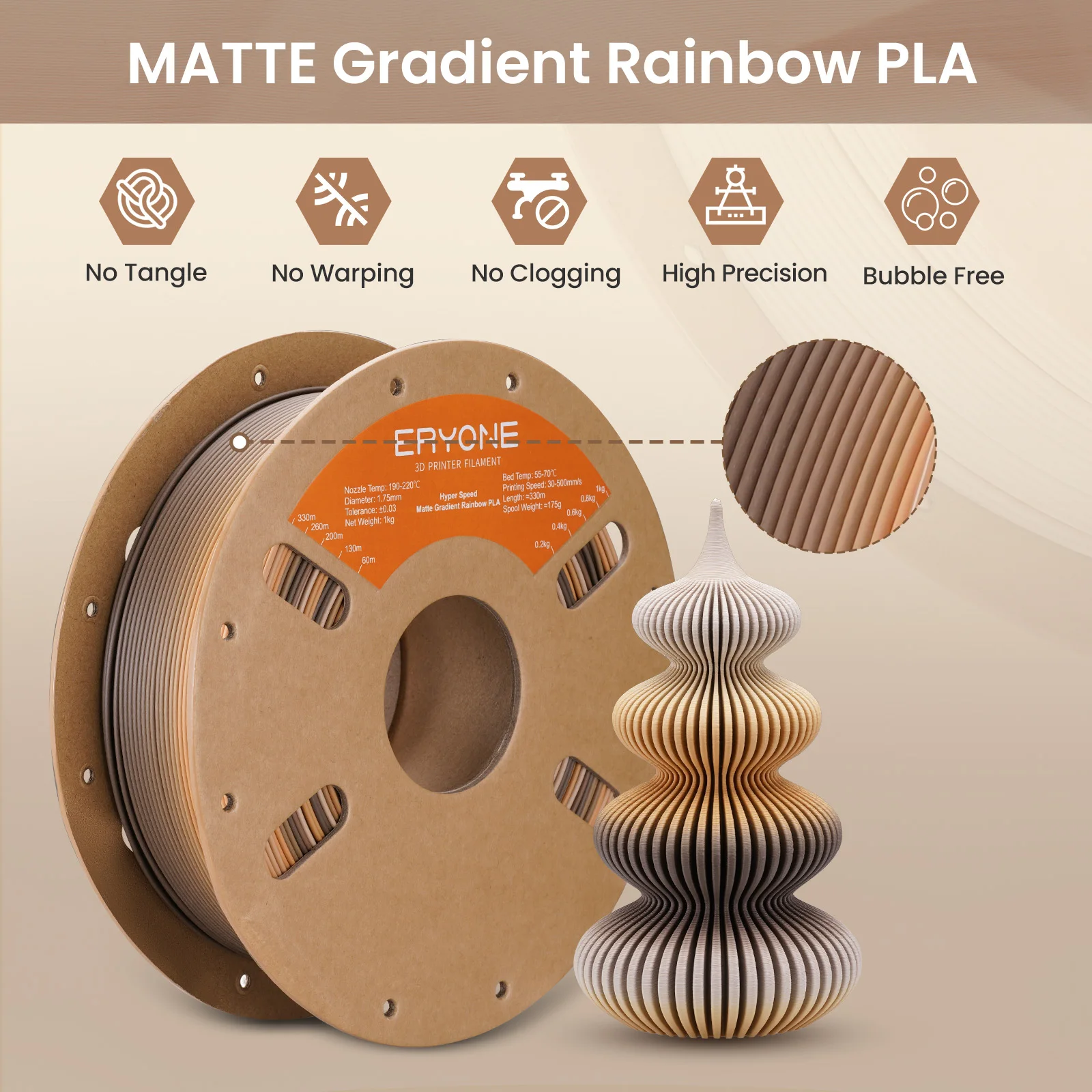 ERYONE High Speed Matte Gradient Rainbow 3D Printer PLA Filament 1.75 +/- 0.03mm, Matte Multicolor Filament PLA 1KG 2.2LBS Spool — zdjęcie produktu 5