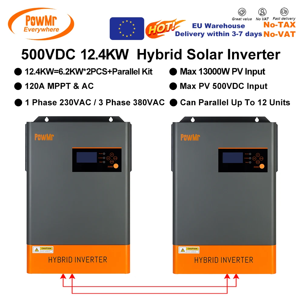 PowMr EU 12.4KW Hybrid Solar Inverters 48V to 220VAC PV 500VDC With 120A MPPT Solar Charge Controller And WIFI Can Parallel 12PC