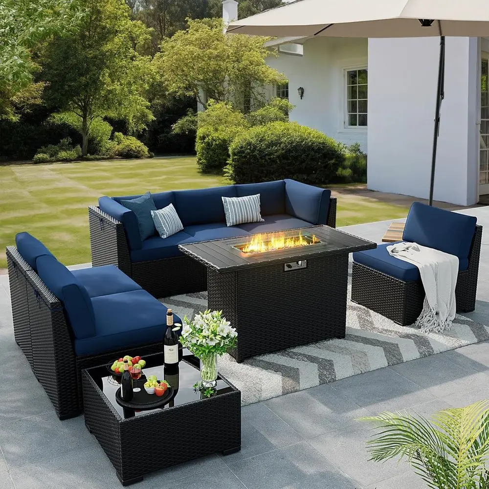 

8-Piece Outdoor Patio Furniture Set with 44 Fire Pit Table, Black Rattan Sectional, Coffee Table, Waterproof Cover, Navy Blue