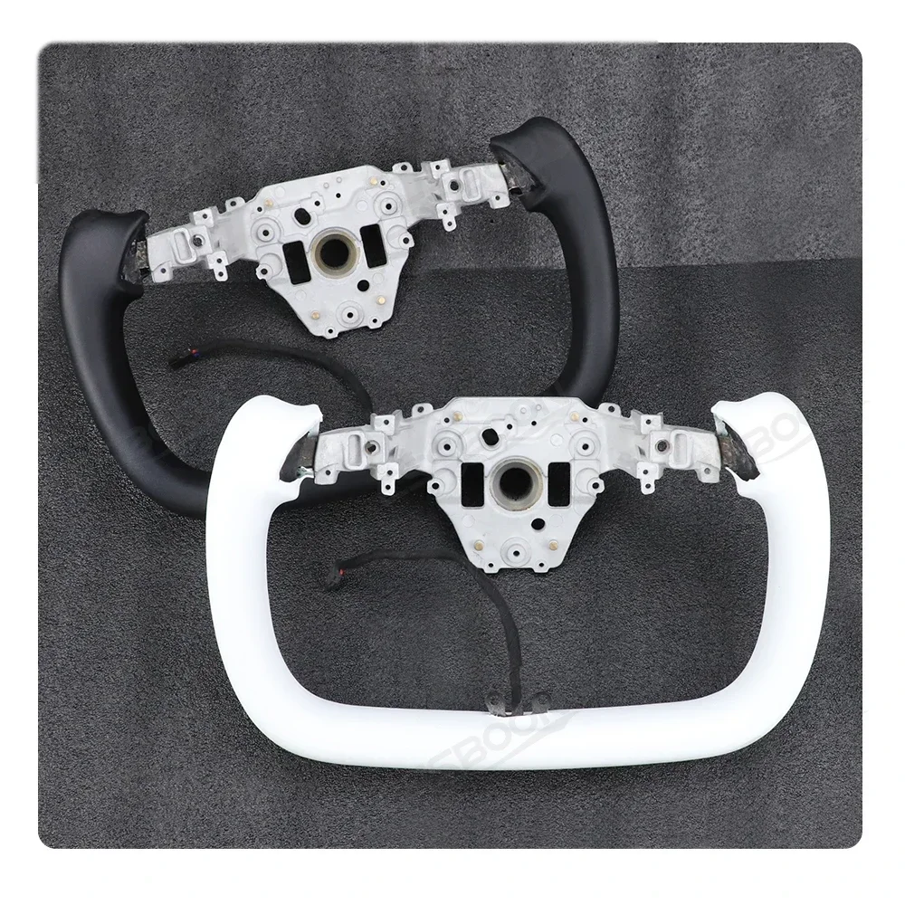 Nuovo modello Y volante con giogo modificato con riscaldamento per accessori personalizzati Tesla Maniglia per auto da corsa in pelle bianca nera