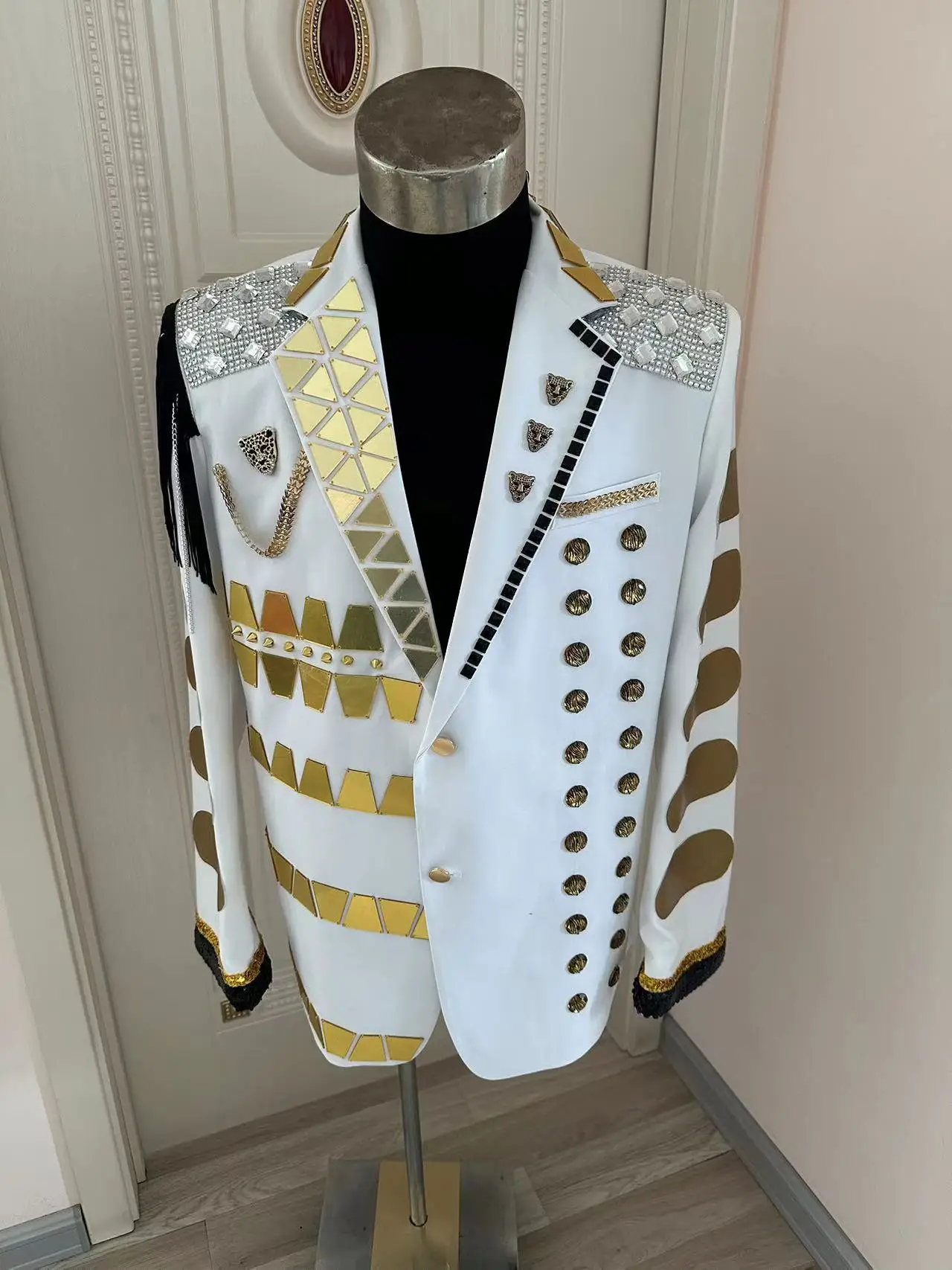 

Royal Style Fashion Gold Mirror Sequins Suit Jacket Men's Groom Wedding Banquet Dress Bar Club Singer Dancer Stage Show Costume