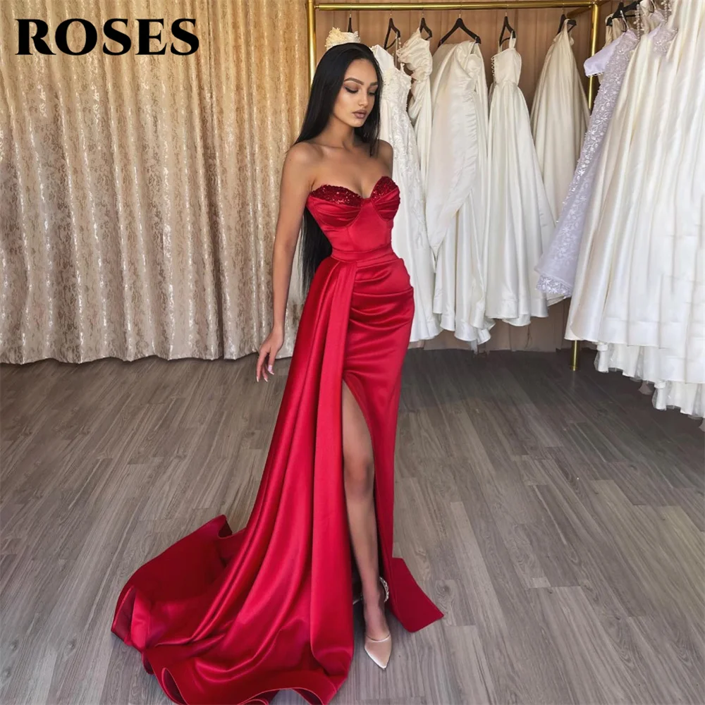 Vestido de fiesta elegante de sirena con cuentas de rosas rojas, vestido de celebridad con división lateral, Batas para ocasiones especiales