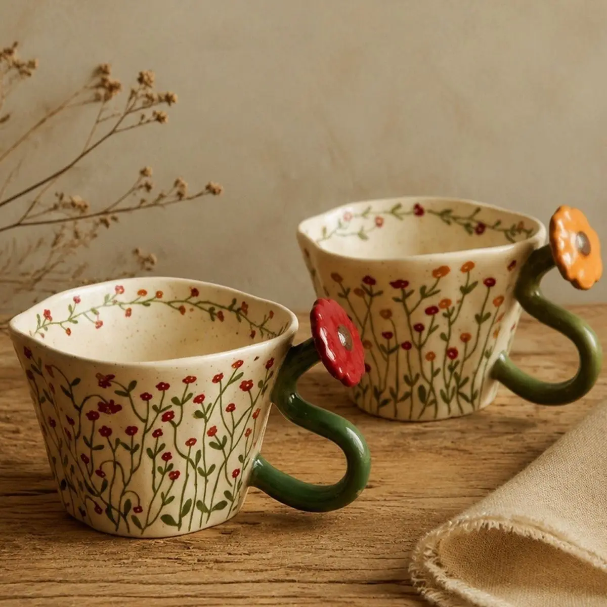 Vintage Handmade Underglaze Ceramic Coffee Cup Heatresistant Couple Mug Three-dimensional Flower Hand-painted Creative Home Gift
