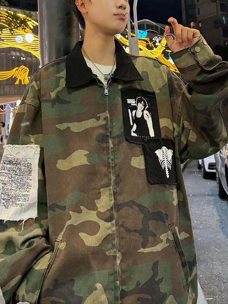 

Retro American Waed Camouflage Jaet Loose Fit Jeans Fabric ex Autumn Trendy High Street Workwear Windproof Zipper Clo...