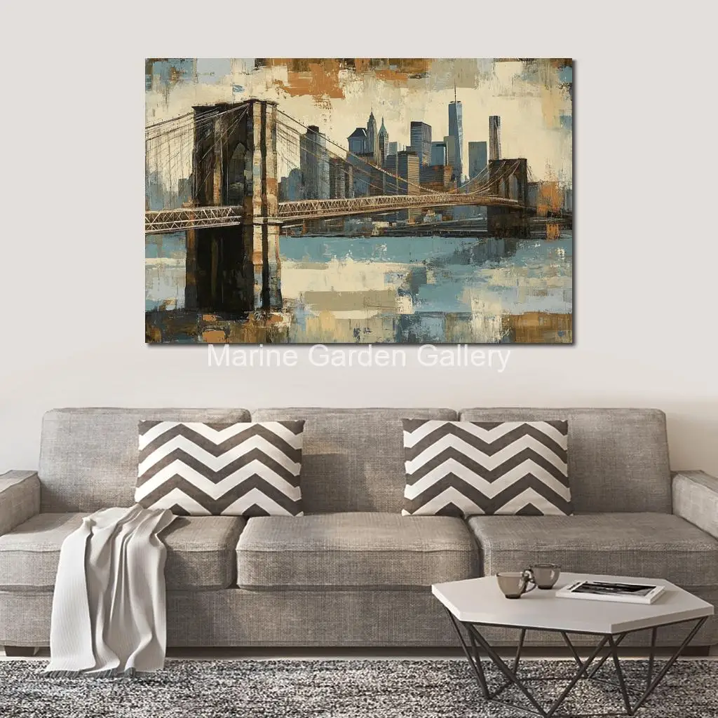 Large Textured Canvas Wall Art Brooklyn Bridge Skyline Handmade Oil Painting Contemporary Landscape Artwork Family Room Decor