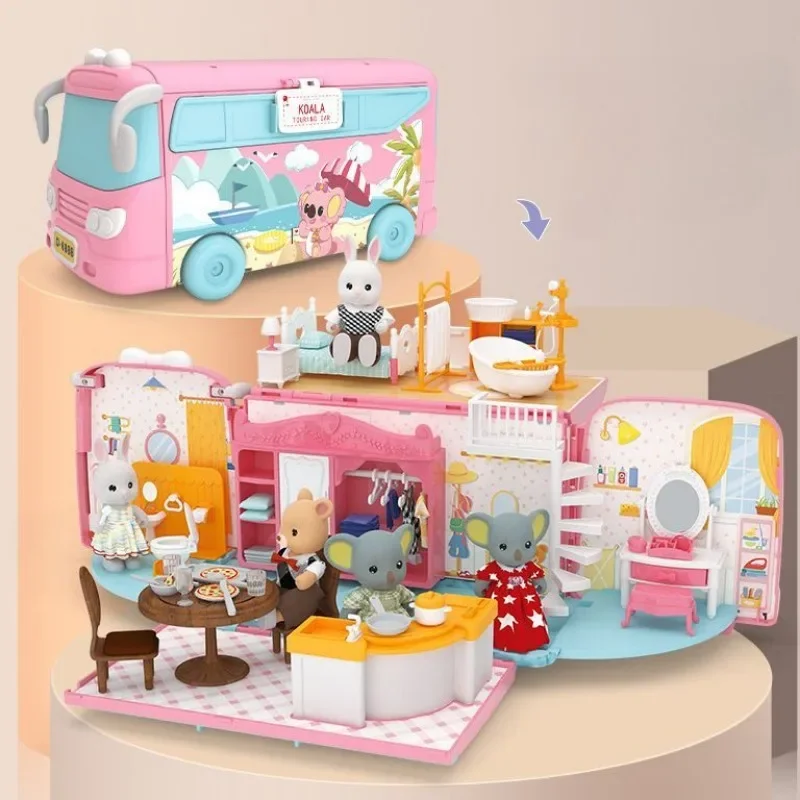 Camper portátil RV Toy Set, Escena de juego de rol, muñeca de conejo, Mini cabina, niña de 3-6 años, regalo de Navidad (con ropa de conejo)