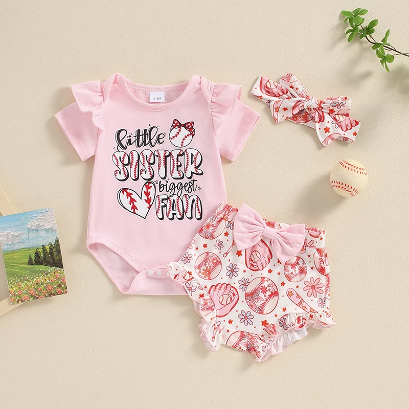 

Suefunskry Baby Girls Shorts Set, Short Sleeve Letters Print Romper Baseball Print Shorts with Hairband Summer Outfit