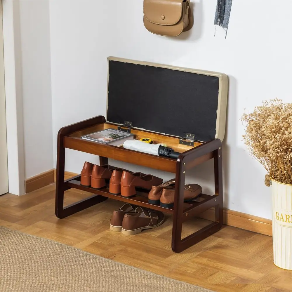 Grey 2-Tier Entryway Shoe Bench with Cushion and Flip-Open Storage, 21.65 Long