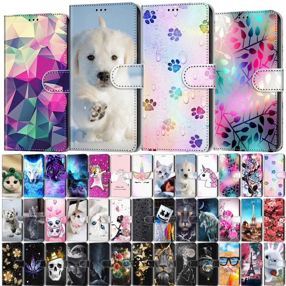 Leather Flip Phone Case For iPhone XR XS X 13 Pro 12 11 10 7 8 SE 2020 SE 2022 Cat Flower Painted Wallet Card Holder Back Cover