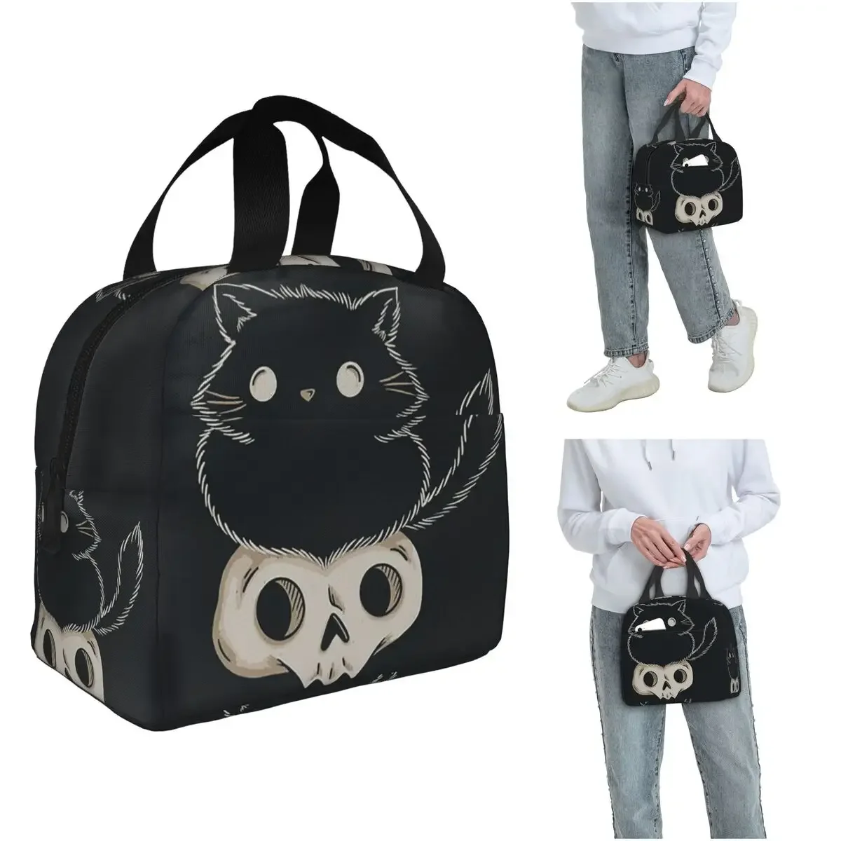 Gothic Black Cat Stand On Skull Insulated Lunch Bag for Women Children Portable Food Boxes Thermal Lunch Box Tote