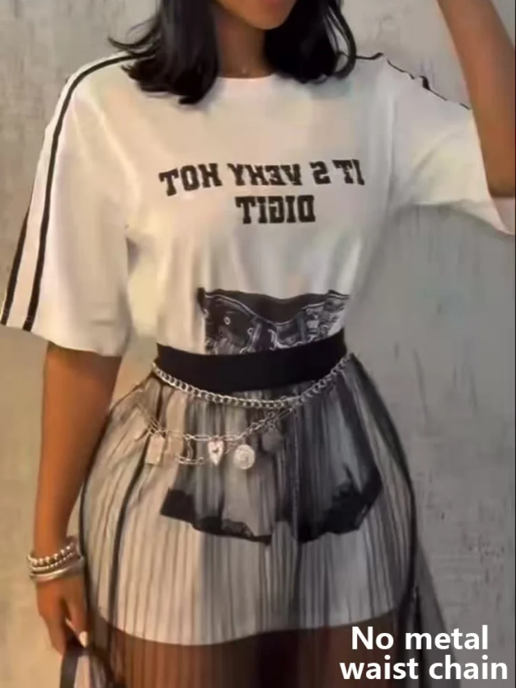

Graphic Tee Two Piece Outfit Contrast Stripe Top Mesh Maxi Skirt Suit Streetwear New Arrival Apparel