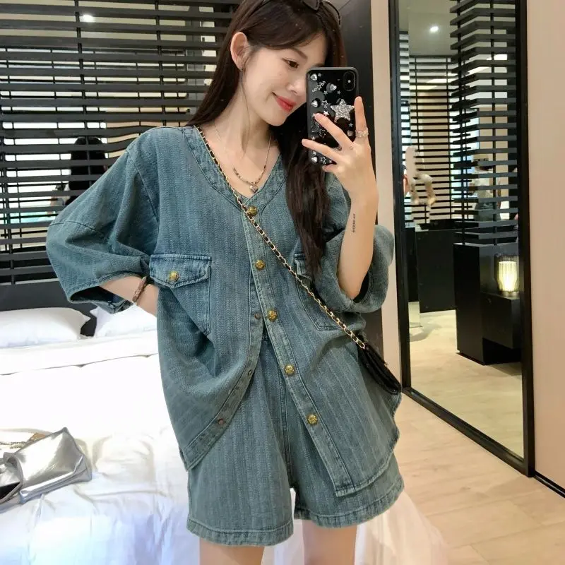 Loose Denim Suit Women Short Coat Top Summer 2024 New Everything Matching Wide Leg Short Pants Fashion Two-piece Set Solid Color