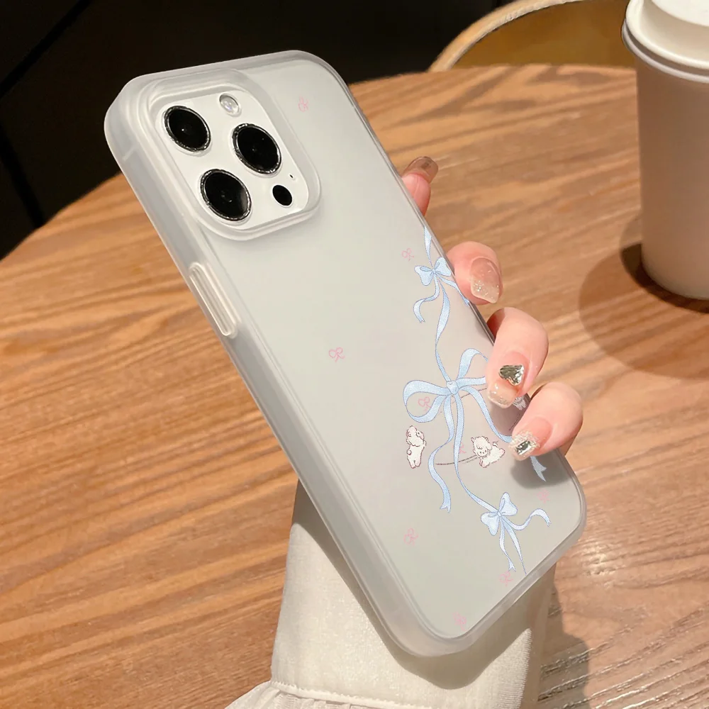 Ins Korean Cute Blue Bowknot Phone Case for iPhone 13 Pro Max Case iPhone 16 15 14 12 11 Pro Max 16 Plus Mini Clear Matte Cover
