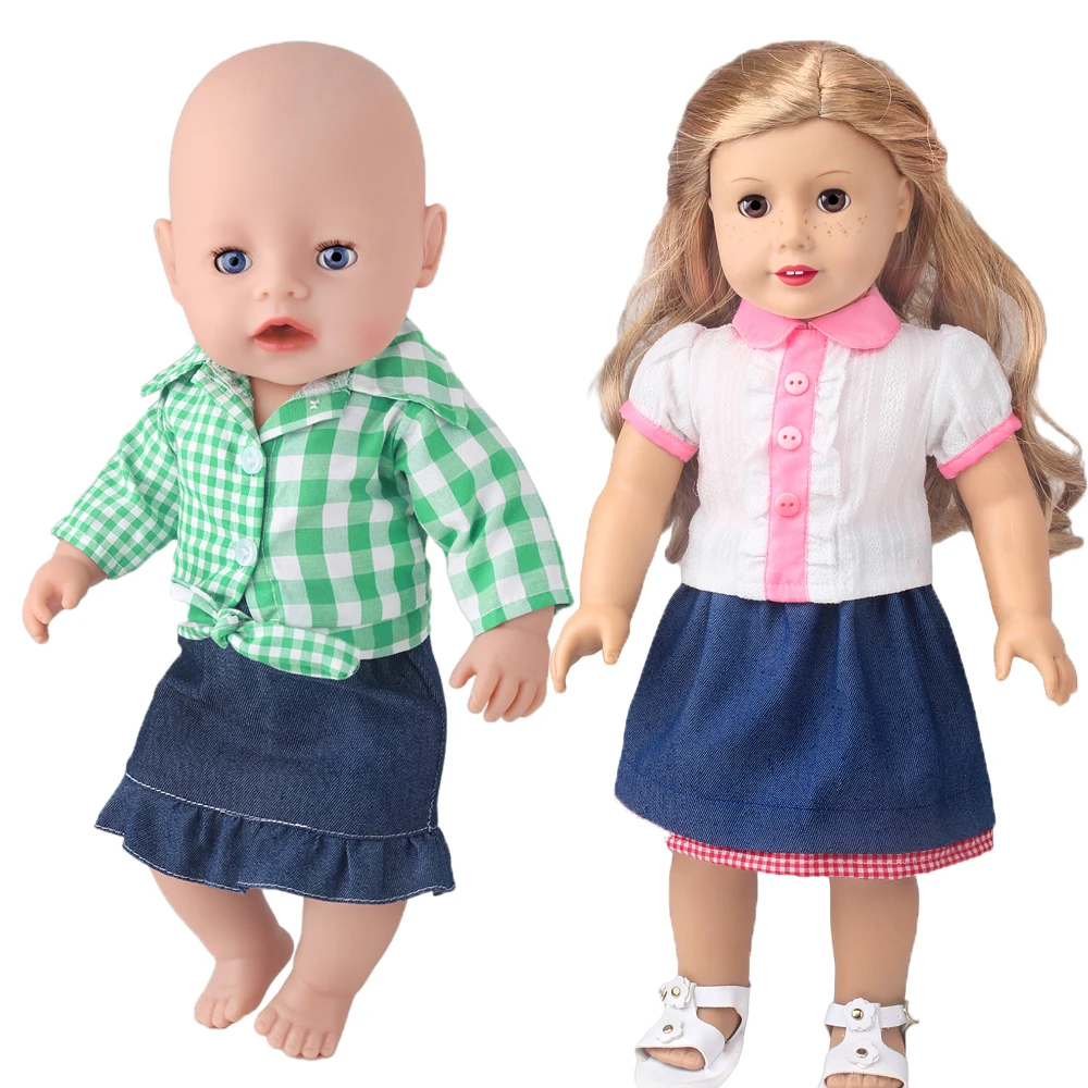 43CM Girl Doll 18 inch Doll Spring Series Skirt Green Checkered Top Cowboy Skirt Doll Collar Shirt Cowboy Skirt Doll Accessories
