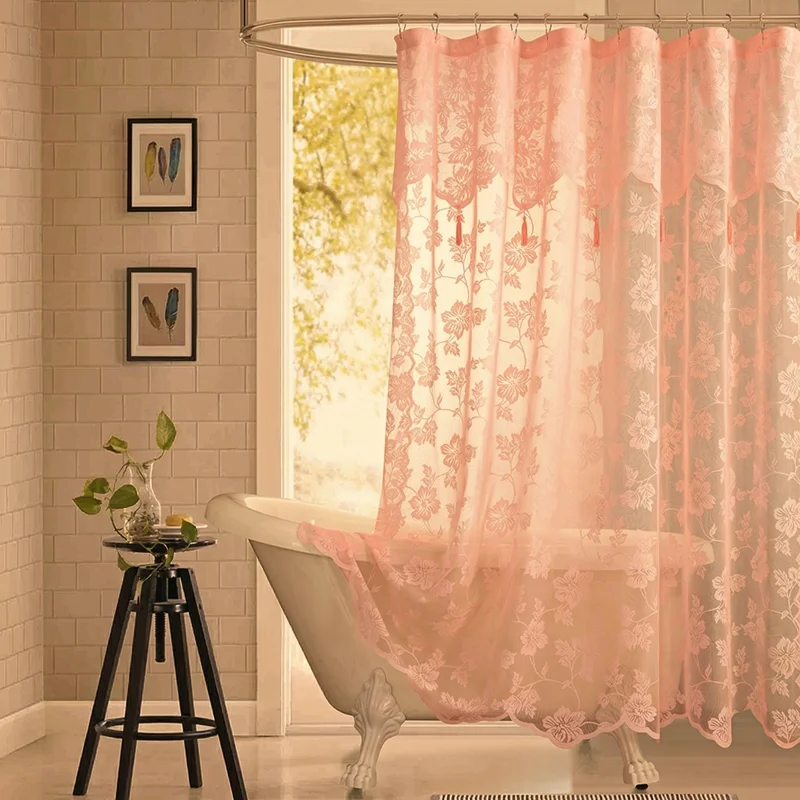 

Waterproof 3-Color Lace Shower Curtain with Ruffle Wave Edge & Tassel Fringe, Sheer Decorative Bathroom Curtain