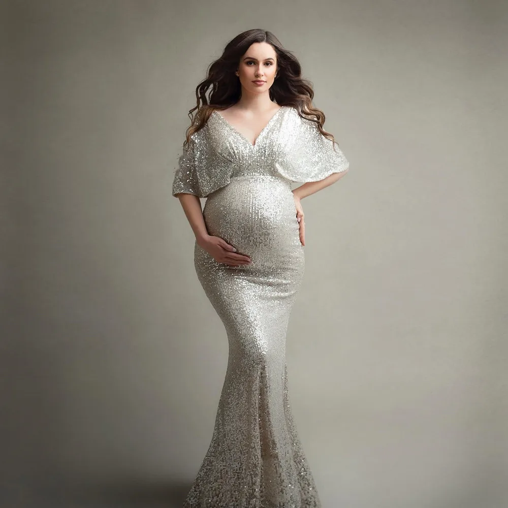 Sequins Maternity Photography Long Dresses Stretchy Pregnant Woman Party Dress For Photo Shoot