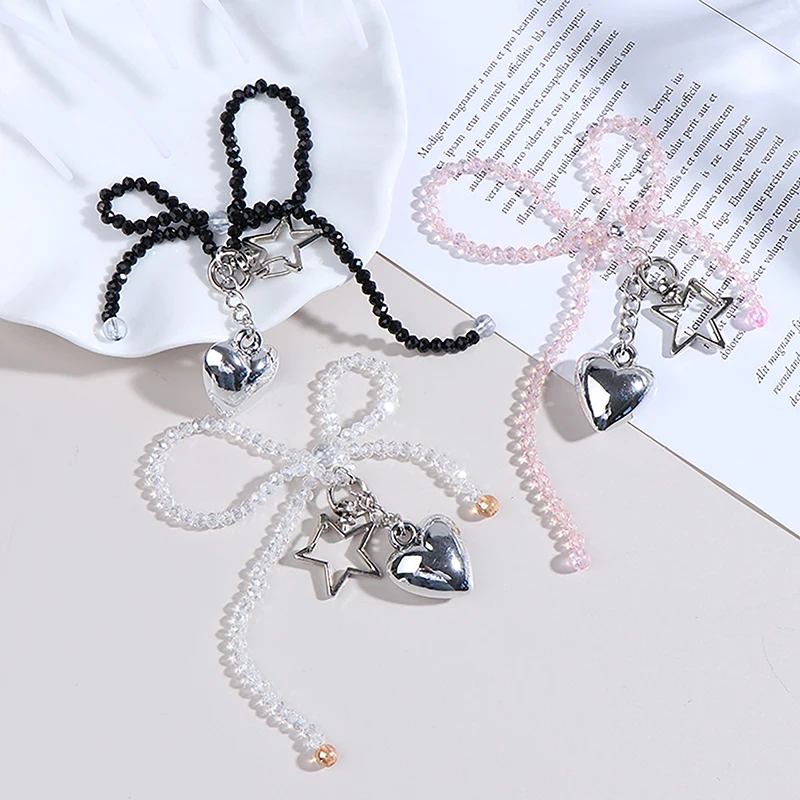 Korean Sweet Beaded Bow Heart Pendant Keychain Bag Charm Detachable Phone Lanyard Y2K Aesthetic Key Holder For Girls Bag