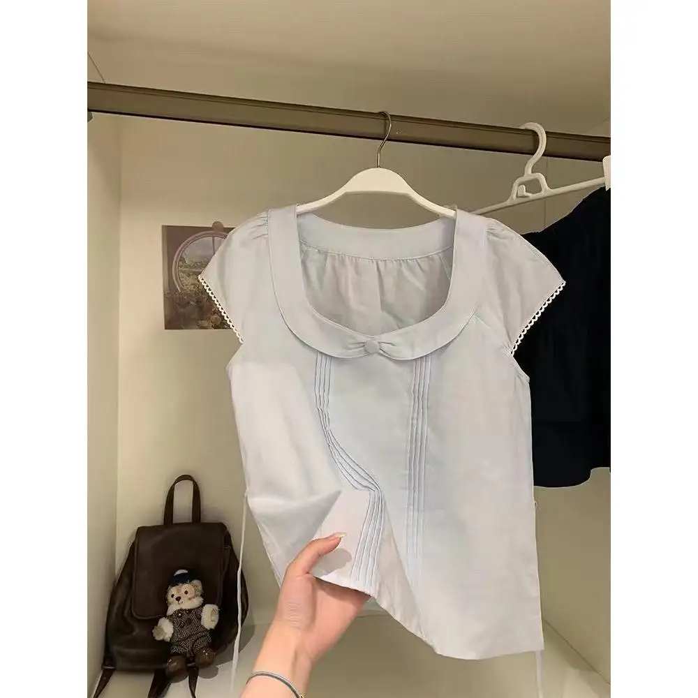 

Light Blue Linen Short Sleeve Shirt Women's Korean Style Sweet Doll Top CHAO Level Recommendation Versatile Straight Cut Blouse