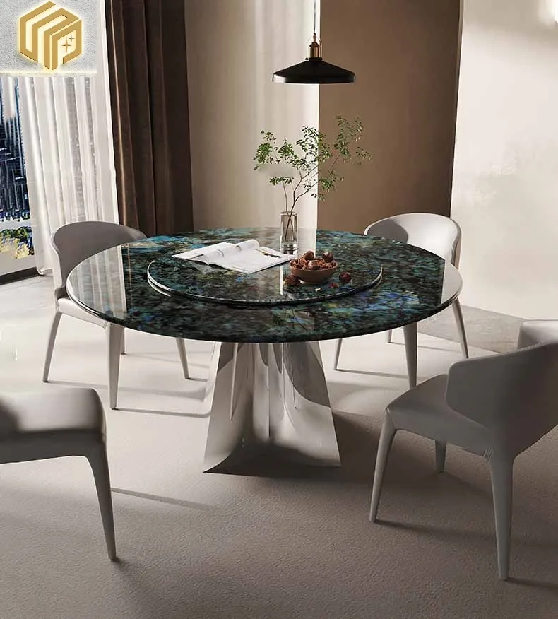 

Marble round dining table, high-end luxury stone dining table, mirror stainless steel dining table and chair combination for hou