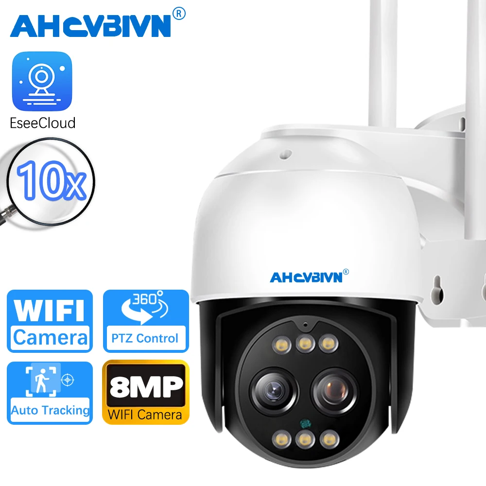 

4K 8MP Dual-Lens WiFi Surveillance Outdoor Waterproof Camera 10X Digital Zoom Security CCTV Camera Color Night Vision EseeCloud