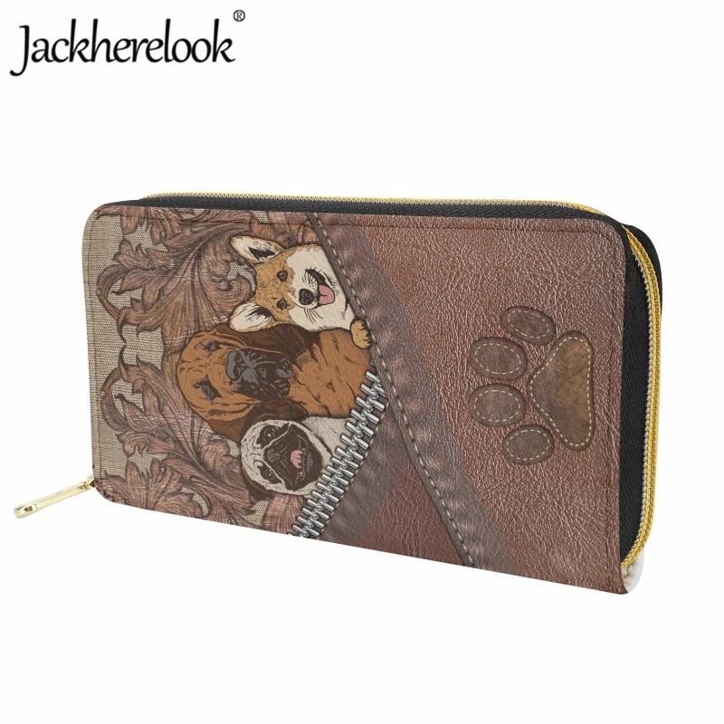 Jackherelook Leather Wallet Fashion Women Trendy Cute Dog Print Corgi Pattern Long Purse Card Holder Girl Clutch Daily Money Bag