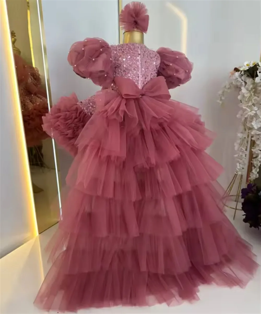 

Glitter Flower Girl Dress Luxury Sequins Feather with Bow Puffy Princess Birthday Pageant Dress with Long Train Customized
