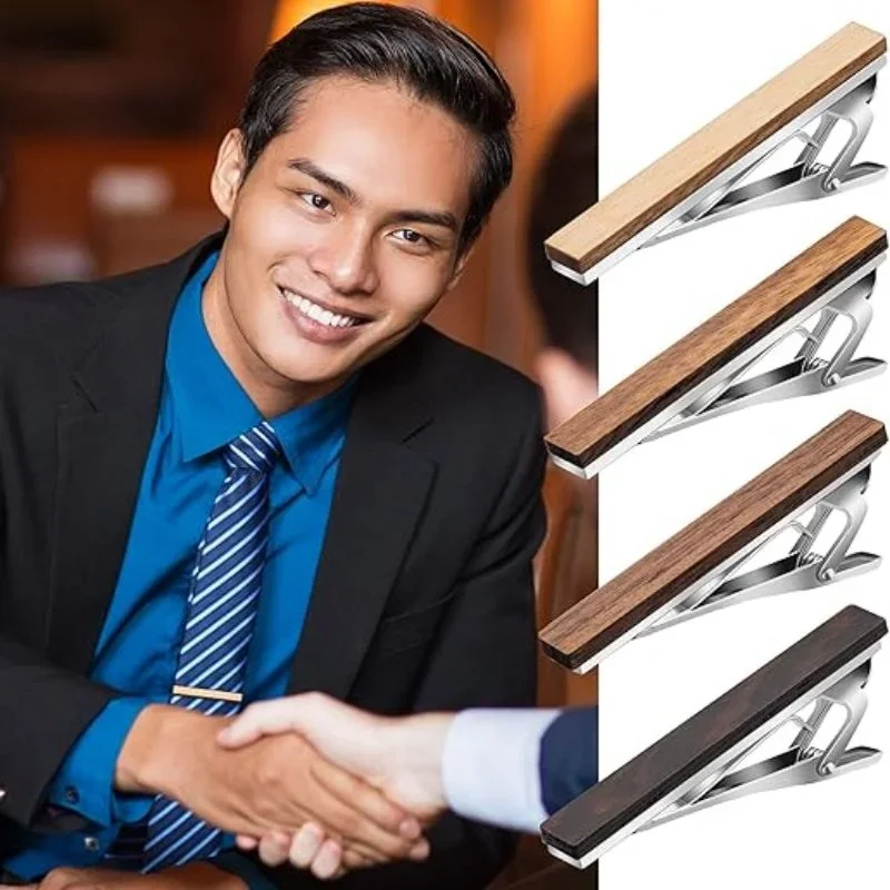 

4 PCS Tie Clips for Men Wood Tie Clip Casual Business Vintage Wooden Solid Color High Grade Tie Clip