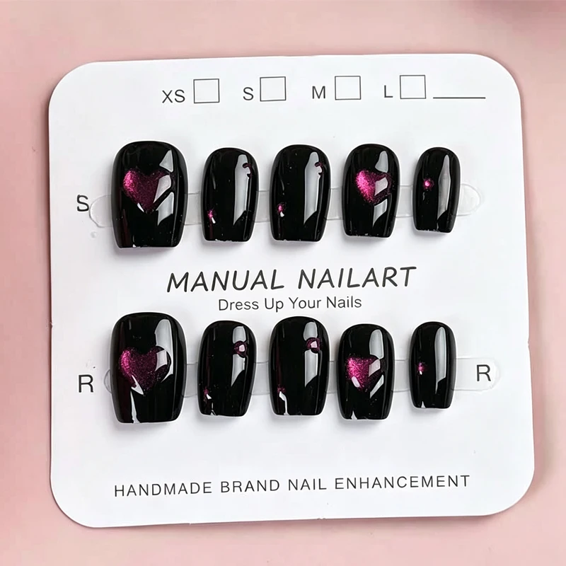 Women\'s Solid Cute Nail Art Pure Handmade 3D Love Shape Detachable Short Style Press On Nails Light Nail Cat Eye Patch