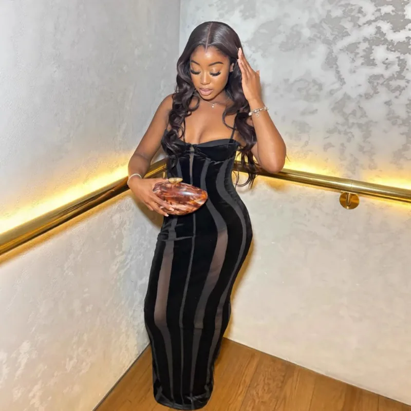 Women Black Velvet Sheer Maxi Dress Sexy Chic Mesh Patchwork Off-shoulder Waist Cinching Slim Maxi Dresses 2026 Club Party Gowns view 4