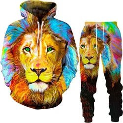 Men's Cool Lion 3D Print Tracksuit Sets Casual Hoodie+Pants 2pcs Sets Oversized Sweatshirt Trend Streetwear Fashion Men Clothing