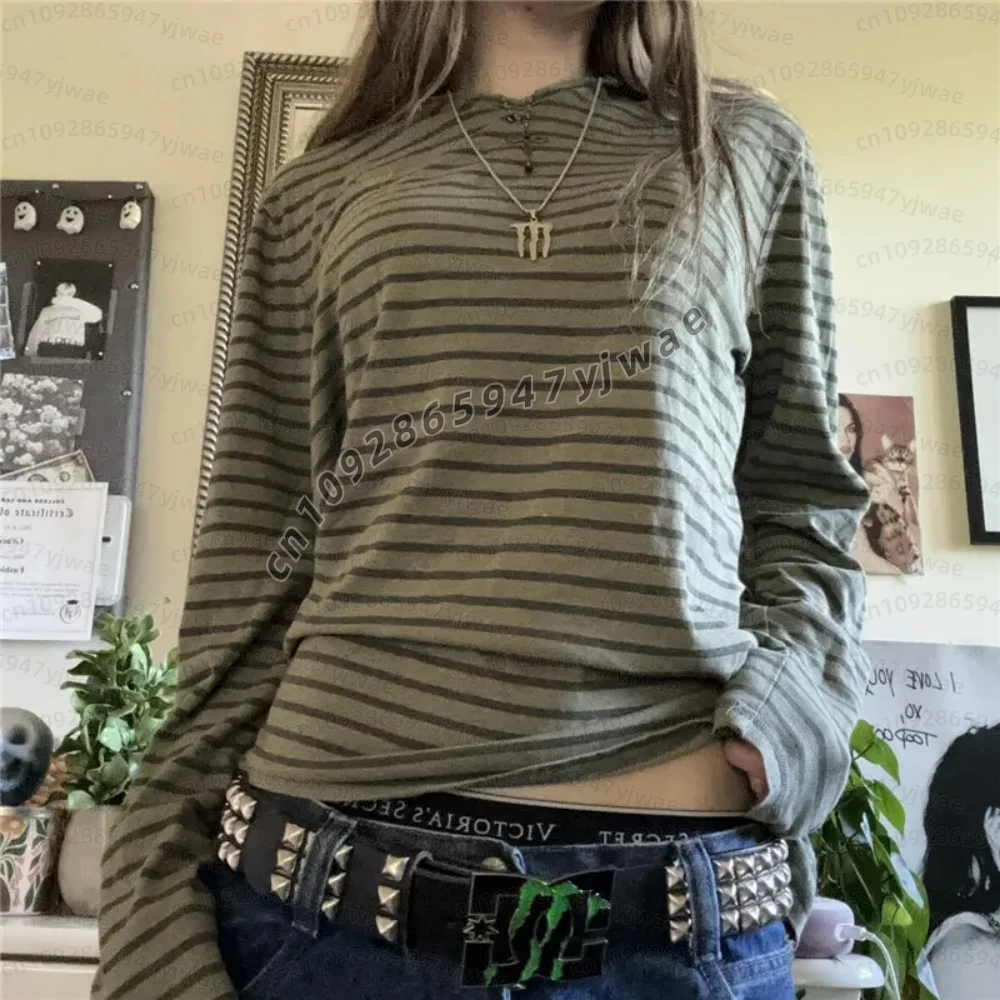 Y2k Teen Gestreifte Damen Langarm-T-Shirts, Fairy Grunge Print, Weite Oberteile, Vintage Harajuku E-Girl Shirts, Vintage Damen T-Shirt – Detail 14